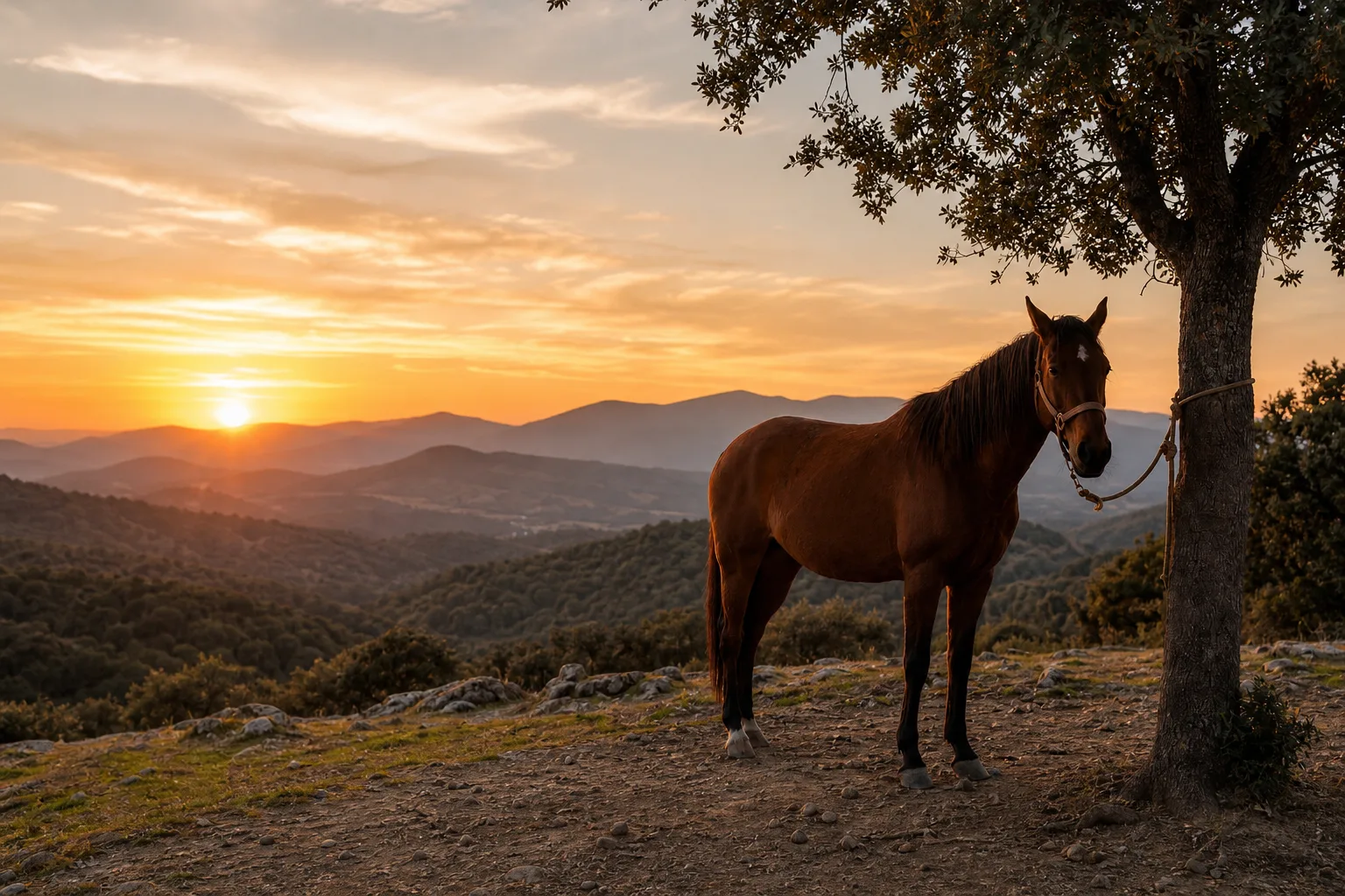 Caballo en la Sierra Oeste de Madrid al atardecer
